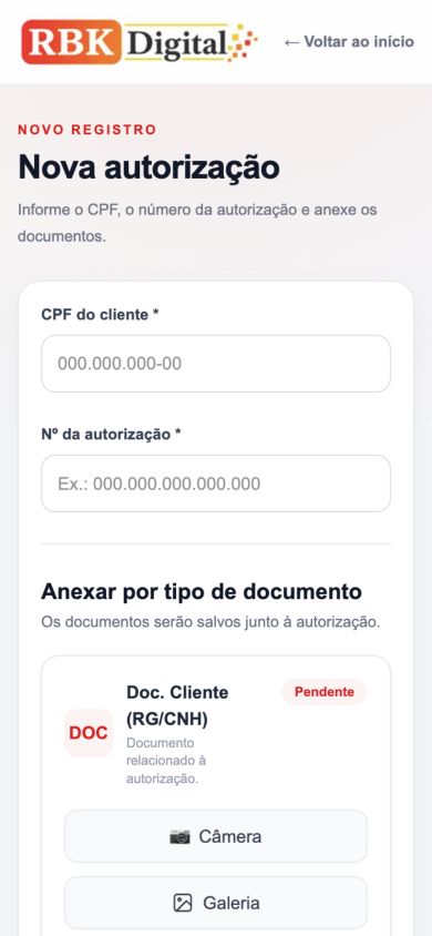 Tela real de Nova autorização da RBK Digital no celular, com campos vazios e anexação pela câmera ou galeria.